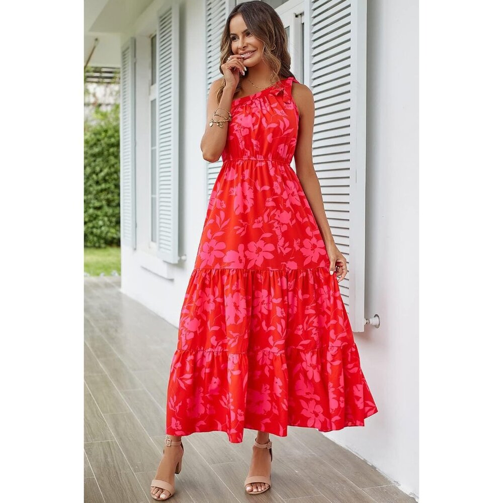 Womens 2024 Floral Knot One Shoulder Sleeveless Ruffle Boho Dress - Picture 8 of 9